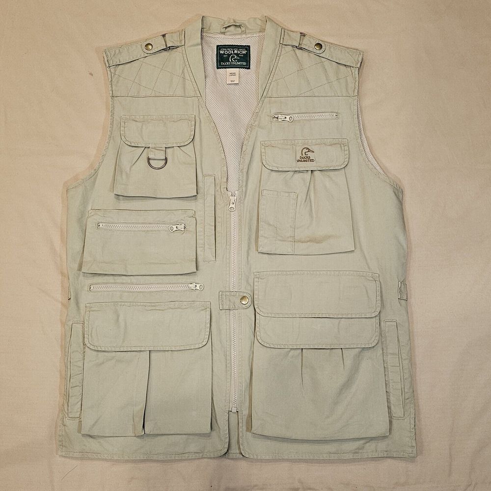 Woolrich John Rich & Bros Ducks Unlimited Khaki Utility Vest Vented Pockets‎ Lrg